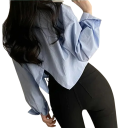 Camisa curta feminina de manga longa Corte cropped Estilo casual Decote em V nas costas Fecho com botões Blusa elegante para o verão 3