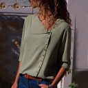 Camisa de chiffon lisa para senhora com mangas longas Colarinho assimétrico Fecho diagonal com botões dourados Corte recto e mais 14