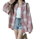 Camisa de cuadros elegante para mujer con cuello Corte holgado con cierre de botones Blusa de poliéster ligera para uso diario 11