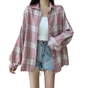 Camisa de cuadros elegante para mujer con cuello Corte holgado con cierre de botones Blusa de poliéster ligera para uso diario 4