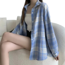 Camisa de cuadros elegante para mujer con cuello Corte holgado con cierre de botones Blusa estilosa de poliéster ligero para uso diario 2