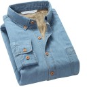 Camisa de denim masculina acolchoada com forro de pelúcia interior, de mangas longas, com bolso no peito e colarinho 4