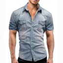 Camisa de denim masculina de verão de corte justo com mangas curtas e duas bolsas no peito com aba, pala nos ombros e colarinho clássico 4