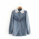 Camisa de denim para mujer con cuello de encaje Volante en forma de V en el pecho Botones de perla Mangas largas con puños Algodón Azul claro 1