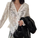 Camisa de encaje elegante para mujer con manga larga Blusa transparente con escote en V y cierre de botones Top de poliéster de un solo color 2