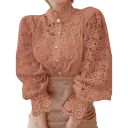 Camisa de encaje elegante para mujer con volantes y cuello Blusa de un solo color con manga larga y cierre de botones Top estiloso de algodón y poliéster 12