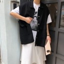 Camisa de ganga feminina oversize sem mangas Colarinho de camisa Fecho com botões Duas grandes bolsas com aba Ombros caídos Algodão 4