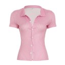 Camisa de manga corta a rayas para mujer Elegante blusa corta con botones Camisa de verano ajustada y elegante Top informal con cintura 4