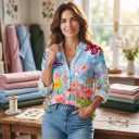 Camisa de mujer azul claro de manga larga con estampado de pradera floreciente y mariposas, cuello con escote en V y botones en la parte delantera 4