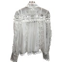 Camisa de mujer con franjas de encaje Cuello alto Mangas largas con puños anchos Cierre de botones Algodón 4