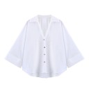 Camisa de mujer elegante de manga corta Blusa de un solo color con cuello y cierre de botones Top ligero y suelto de poliéster para el trabajo y el tiempo libre 14