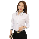 Camisa de mujer elegante de manga larga Blusa de poliéster de un solo color con rayas en las mangas y el cuello Top estiloso con cierre de botones 5