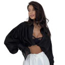 Camisa de mujer elegante de un solo color con cuello Mangas amplias Cierre de botones Blusa estilosa de viscosa, spandex y nylon 7