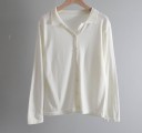 Camisa de mujer tejida con cuello y botones Tejido de algodón suave Manga larga Escote en V Corte recto para el uso diario 2