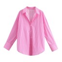 Camisa de rayas para mujer de corte suelto con manga larga y cuello Camisa elegante con botones de poliéster ligero Top estiloso en varios colores 27