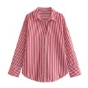 Camisa de rayas para mujer de corte suelto con manga larga y cuello Camisa elegante con botones de poliéster ligero Top estiloso 2