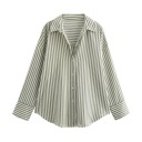 Camisa de rayas para mujer de corte suelto con manga larga y cuello Camisa elegante con botones de poliéster ligero Top estiloso 5