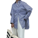 Camisa de rayas para mujer de corte suelto con manga larga y cuello Camisa elegante con botones de poliéster ligero Top estiloso 13
