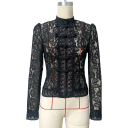 Camisa de renda feminina elegante com colarinho Blusa de uma só cor com fecho de botões Top estiloso em poliéster leve para o trabalho e para o lazer 18