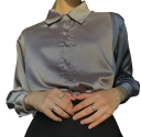 Camisa de satén elegante para senhora com colarinho Corte solto com botões Blusa de poliéster de uma só cor Top estiloso para o trabalho e lazer 3