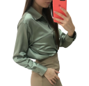 Camisa de satén elegante para senhora com colarinho Corte solto com botões Blusa de poliéster de uma só cor Top estiloso 9