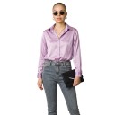 Camisa de satén para mujer de corte holgado con superficie brillante, cuello clásico, puño con botón y dobladillo recto 13