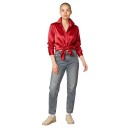 Camisa de satén para mujer de corte holgado con superficie brillante, cuello clásico, puño con botón y dobladillo recto 19