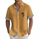 Camisa de verano para hombre de un solo color con mangas cortas y pequeño estampado de palmeras en el pecho con cuello clásico y botones 10