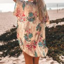 Camisa de verão feminina prolongada com estampado floral e riscas finas Corte solto Manga curta Barra arredondada Poliéster Creme 3