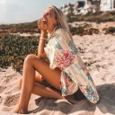 Camisa de verão feminina prolongada com estampado floral e riscas finas Corte solto Manga curta Barra arredondada Poliéster Creme 4