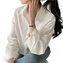 Camisa elegante de mujer con manga larga y cuello Blusa de un solo color de poliéster ligero Cierre de botones estiloso para el día a día 2