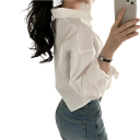 Camisa elegante de mujer con manga larga y cuello Blusa de un solo color de poliéster ligero Cierre de botones estiloso para el día a día 6