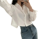 Camisa elegante feminina de manga longa com colarinho Blusa unicolor em poliéster leve Fecho estiloso com botões para o dia a dia 2