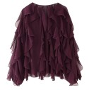 Camisa femenina elegante semitransparente con volantes y escote en V de manga larga con cierre de botones blusa de color sólido 5