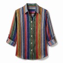 Camisa feminina colorida às riscas com mangas longas, riscas verticais pintadas, colarinho clássico e botões ao longo da frente 6