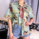 Camisa feminina de manga curta com estampado artístico de anjos Corte solto Gola aberta Fecho com botões Cores pastel 5