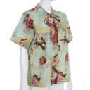 Camisa feminina de manga curta com estampado artístico de anjos Corte solto Gola aberta Fecho com botões Cores pastel 7