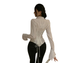 Camisa feminina elegante com colarinho Blusa de uma só cor com atilhos nas costas Mangas largas Top estiloso em poliéster leve 5