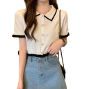 Camisa feminina elegante de manga curta Blusa lisa em poliéster com riscas no colarinho e folhos nas mangas Top estiloso com botões 2