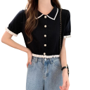 Camisa feminina elegante de manga curta Blusa lisa em poliéster com riscas no colarinho e folhos nas mangas Top estiloso com botões 3