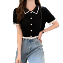 Camisa feminina elegante de manga curta Blusa lisa em poliéster com riscas no colarinho e folhos nas mangas Top estiloso com botões 12