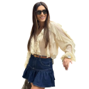 Camisa feminina elegante semi-transparente com volantes e decote em V de mangas longas com fecho de botões Blusa de cor sólida em poliéster leve 13