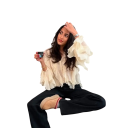 Camisa feminina elegante semi-transparente com volantes e decote em V de mangas longas com fecho de botões Blusa de cor sólida 16