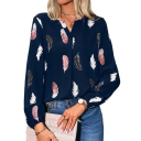Camisa feminina solta de manga longa Blusa leve com padrão de penas Corte elegante e arejado Poliéster confortável Top da moda 7