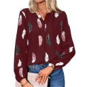 Camisa feminina solta de manga longa Blusa leve com padrão de penas Corte elegante e arejado Poliéster confortável Top da moda para uso diário 9