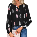 Camisa feminina solta de manga longa Blusa leve com padrão de penas Corte elegante e arejado Poliéster confortável Top da moda para uso diário 3