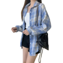 Camisa feminina xadrez elegante com colarinho Corte solto com fecho de botões Blusa estilosa em poliéster leve para uso diário 7