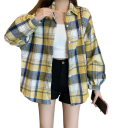 Camisa feminina xadrez elegante com colarinho Corte solto com fecho de botões Blusa leve em poliéster para trabalho e lazer 9