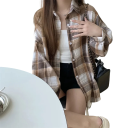 Camisa feminina xadrez elegante com colarinho Corte solto com fecho de botões Blusa leve em poliéster para trabalho e lazer 14
