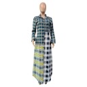 Camisa larga de cuadros para mujer en maxi longitud Patchwork de varios patrones Manga larga y cuello Cierre de botones Poliéster 5